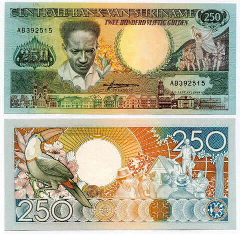 Банкнота Суринам 250 гульденов 1988 год. UNС