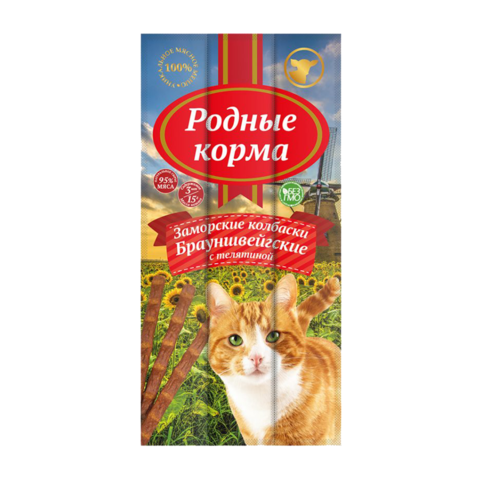 Родные корма Лакомство для кошек Заморские колбаски Брауншвейгские с телятиной