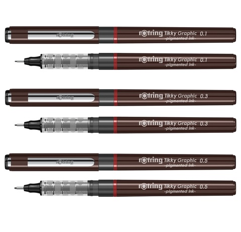 Набор ручек капиллярных Rotring Tikky Graphic 3 ручки: 0.1/0.3/0.5 mm черные чернила (1904780)