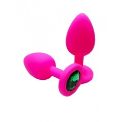 Анальная пробка из розового силикона с зелёным кристаллом (размер S)