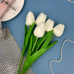 Тюльпаны искусственные для декора, реалистичные как живые, Молочные, латексные (силиконовые), 34 см, букет из 5 штук.