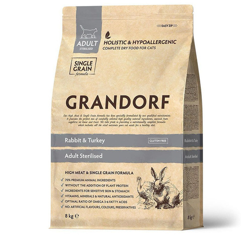 Сухой корм Grandorf Сat Rabbit&Turkey Sterilized, для кастрированных кошек, кролик и индейка, 8 кг