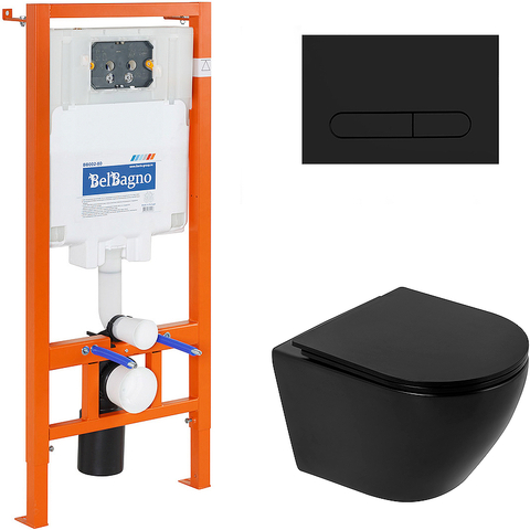 BelBagno BB062CHR-MB/BB062SC-MB/BB002-80/BB007-PR-NERO.M Комплект 4 в 1 Унитаз подвесной BelBagno COLORATO BB062CHR-MB с сиденьем BB062SC-MB + Система инсталляции для унитазов BelBagno BB002-80 с кнопкой смы
