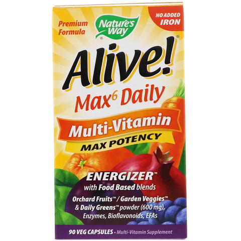 Nature's Way, Alive! Max6 Daily, мультивитаминный комплекс, без добавления железа, 90 растительных капсул