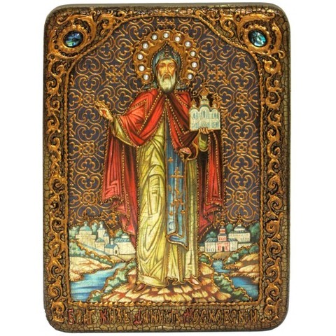 Инкрустированная икона Святой благоверный князь Даниил Московский 29х21см на натуральном дереве, в подарочной коробке