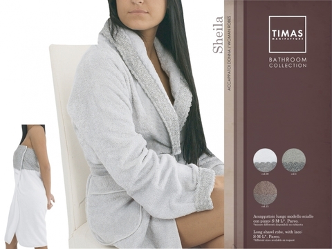 Халат махровый Timas Sheila молочный с сиреневым кружевом