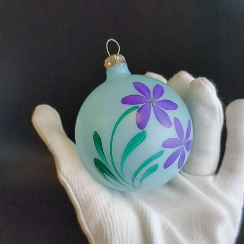 Ёлочная игрушка матовый стеклянный шар с росписью, ручная роспись, цветы, винтаж СССР 1970-1990 гг