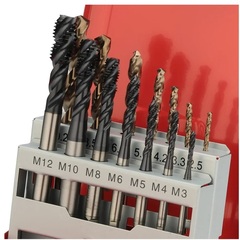 Набор метчиков машинных M3 -M12 HSSE-TiALN DIN371/376 (C/2,5P, R45, + сверла) 14пр H-Tools 245052FHT
