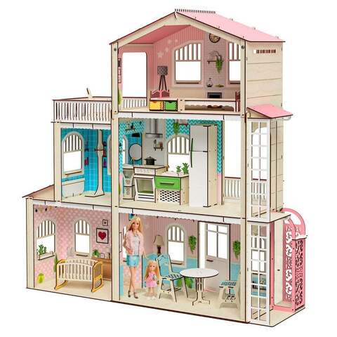 Кукольный домик с мебелью «Симфония» с лифтом и террасой M-WOOD - деревянный конструктор, сборная модель