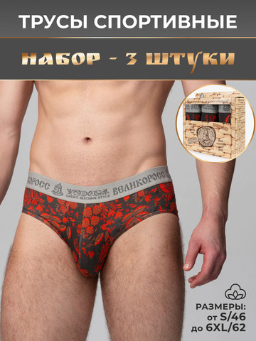 Комплект из 3-х спортивных трусов - «Красная хохлома»
