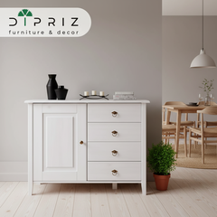 Dipriz Комод Боцен из сосны, 4 ящика 1 дверь, на ножках, 103х43х79 см, белый воск