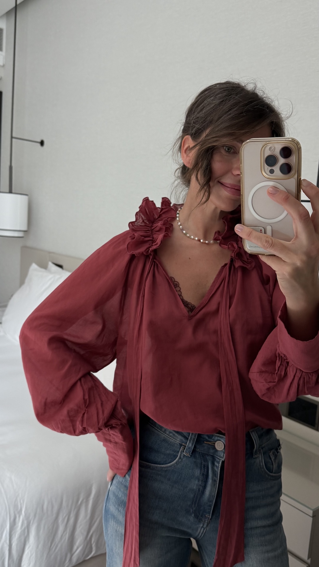 Блуза из облегчённого хлопка с оборками на вороте PREMIUM QUALITY