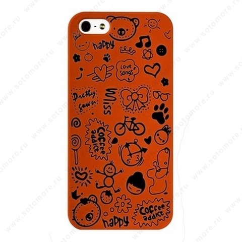 Накладка для iPhone SE/ 5s/ 5C/ 5 цветная с рисунками оранжевая