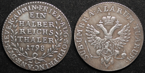 Жетон 1/2 Талера (Полталера) княжества Йевер 1798 года Павел 1 копия царской монеты посеребрение Копия