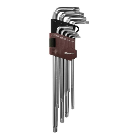 Thorvik TTKL9S Набор ключей торцевых T-TORX® удлиненных с центрированным штифтом, Т10H-T50H, 9 предметов
