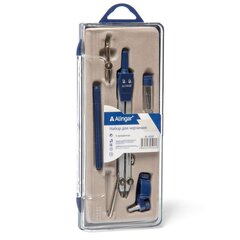 
          Готовальня Alingar, 6 предметов,метал. циркуль,удлин.,насадка с универс.держателем,грифель, точ. насадка,рейсфедер пластик. футляр, европодвес
