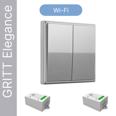 Умный беспроводной выключатель GRITT Elegance 2кл. серебристый комплект: 1 выкл., 2 реле 1000Вт 433 + WiFi с управлением со смартфона, E181220TGWF