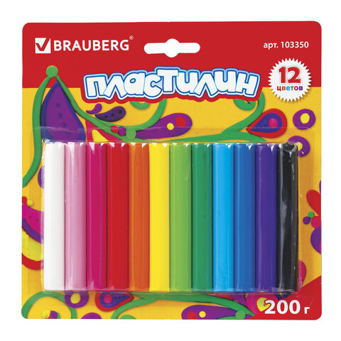 Пластилин классический BRAUBERG 12 цветов, 200 г, ВЫСШЕЕКАЧЕСТВО, блистер, 103350