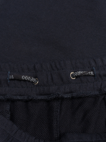 Спортивные штаны  тёмно-синего цвета с манжетами, без лампасов. Плотный футер