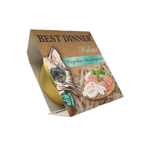 Best Dinner Holistic Влажный консервированный полноценный корм для взрослых и стерилизованных кошек. Мясные волокна в желе "Индейка с кальмарами" (упаковка 6 шт * 75 г)