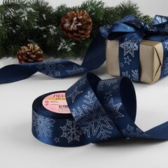 Лента Атласная (4см*23±1м), «Снежинки», Тёмно-синяя, 1 шт.