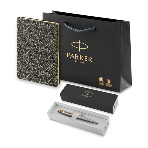 Подарочный набор: Шариковая ручка Parker Jotter Essential, St. Steel GT, стержень: Mblue и Ежедневник недатированный, черный.