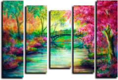 Модульная картина "Мост в красочном лесу"