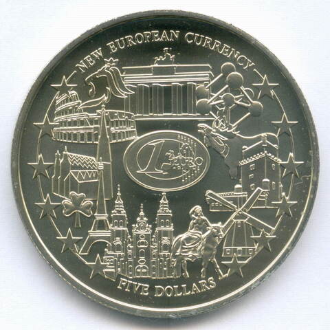 5 долларов 2001 год. Новая валюта Европы. Либерия. Медно-никель BrUNC