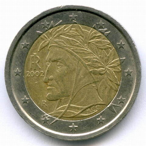 2 евро 2002 год. Италия. Регулярный выпуск. Тип 1. Биметалл VF-XF
