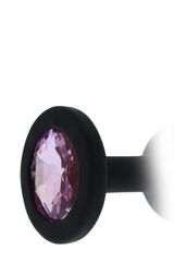 Черная гладкая анальная пробка с розовым кристаллом - 7 см. - 