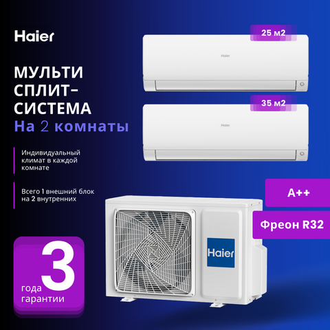 Мульти сплит-система Haier AS09TS6HRA-M + AS35S2SF2FA-W / 2U40S2SM1FA на 2 комнаты 25+35 м2