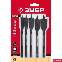 ЗУБР 5 шт, 12-16-18-20-25 мм, хвостовик HEX 1/4?, набор перовых сверл по дереву (29505-H5)