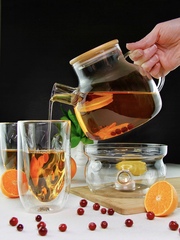 Заварочный чайник с подогревом от свечи в наборе с рельефными стаканами с двойными стенками