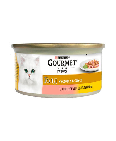 Gourmet Gold кусочки в соусе с лососем и цыпленком для взрослых кошек 85 г