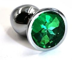 Серебристая алюминиевая анальная пробка с изумрудным кристаллом - 6 см. - 