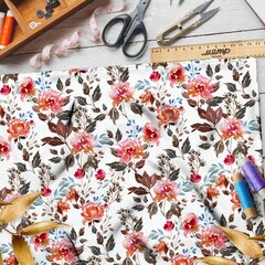 Ткань лён акварельные розы и коричневые листья