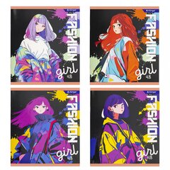 Тетрадь 48л., А5, клетка, Alingar "Fashion Girls", скрепка, мелованный картон (стандарт), выб УФ лак, блок офсет, 4 дизайна в пленке т/у