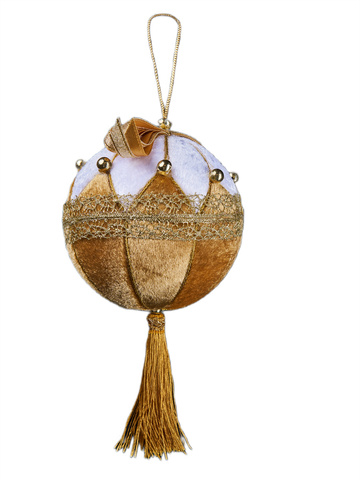 Шар с бантом и кисточкой 10х18см ChristmasDeLuxe белый с золотом