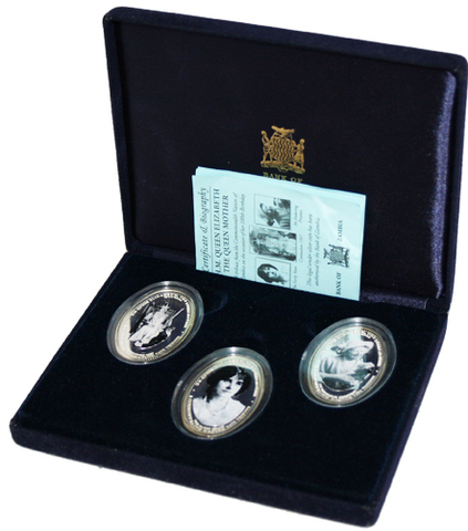 Набор из 3 монет 4000 квач. 100-летие Королевы Елизаветы. Замбия. 2000 год. Серебро. В подарочной коробке