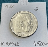 K16946 1938 Германия 5 марок рейхсмарок Гинденбург G геральдика Ag-900, 13.88 gr K16946 1938 Германия 5 марок рейхсмарок Гинденбург G геральдика Ag-900, 13.88 gr