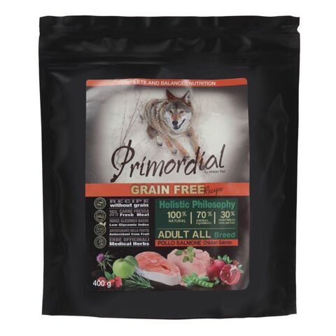 PRIMORDIAL сухой корм для собак беззерновой (курица,лосось) 400 г
