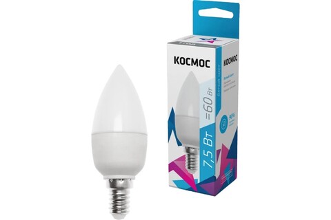 Лампа светодиодная Космос  LkecLED7.5wCNE1445 цоколь E14, свеча CN, 7.5Вт = 60Вт, белый 4500K, световой поток 600лм, 220 вольт - купить в компании MAKtorg