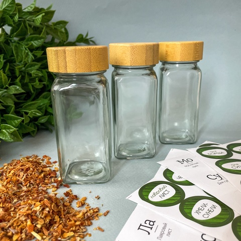 Баночки стеклянные с бамбуковой крышкой, бутылочки, 120 мл, 11*4,3 см, набор 3 шт.