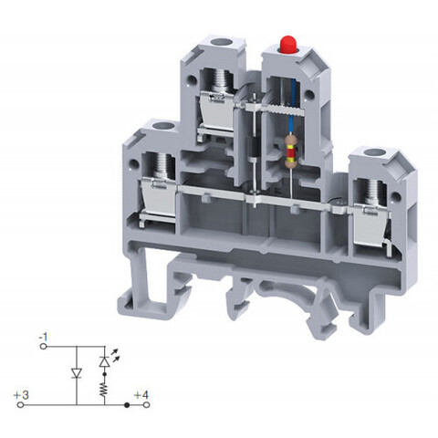 Двухуровневая клемма, винтовые зажимы проводника до 4 мм.кв. 32A/500V с диодной схемой - конфигурация LD2