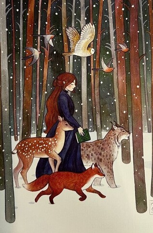 Открытка Девушка Зима идет по лесу| КП