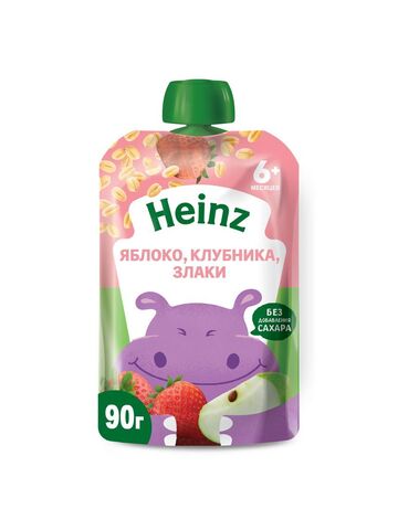 Пюре Heinz яблоко, клубника, злаки пауч 90 гр. (6+ мес.)