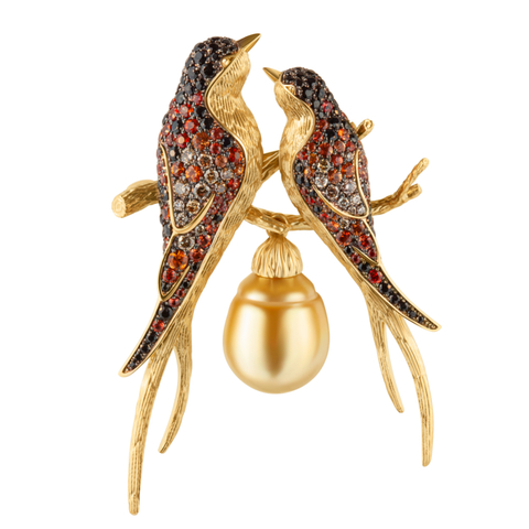 Брошь Ласточки с Золотистым Жемчугом, Цветными Сапфирами и Бриллиантами, Brs0228-0/15