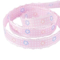 
          Декоративная лента капроновая для декора и флористики, 2,5 см, намотка 25 ярдов, розовый, дизайн белый горошек с цветочками