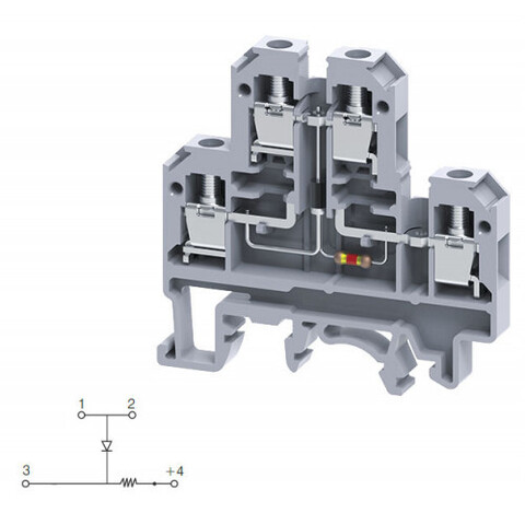 Двухуровневая клемма, винтовые зажимы проводника до 4 мм.кв. 32A/500V с диодной схемой - конфигурация D4