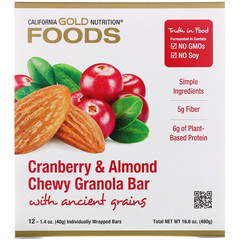 California Gold Nutrition, Foods, жевательные батончики-мюсли с клюквой и миндалем, 12 батончиков весом 1,4 унции (40 г) каждый